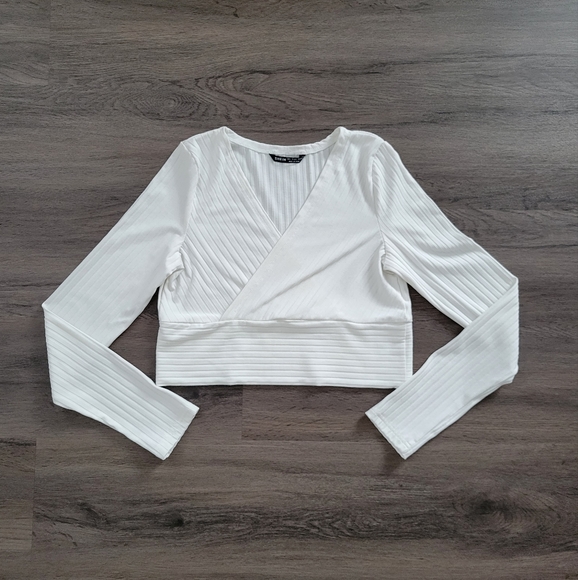 SHEIN | Tops | Shein White Ribbed Cropped Long Sleeve Wrap Top Size Large |  Poshmark